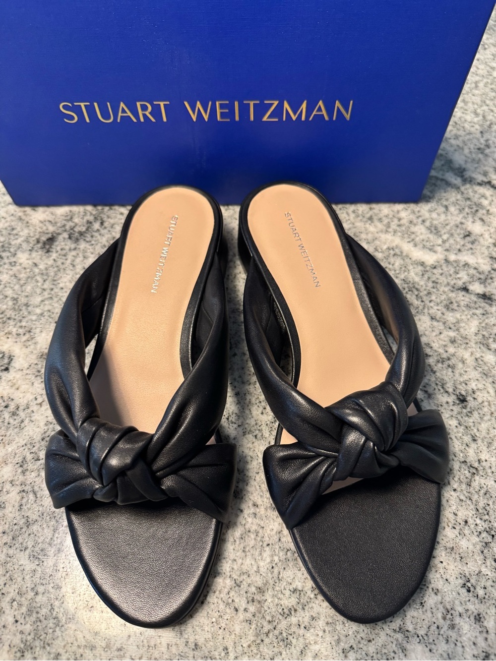 Stuart Weitzman “Playa” 35 Black Knotted Slide Sandals